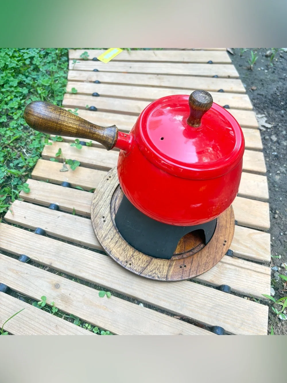 Vintage Japan Red Enamel Fondue Pot Serv Wood Hardwood Base MCM